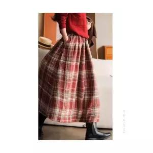 밴딩 정장 도톰한 체크 A라인 스커트 여성용 모직 빈티지 CH1