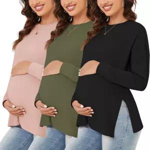Tjukfpa 여성 3팩 임산부 셔츠 긴 소매 측면 주름 임신 티 운동 탑 튜닉 블라우스 마마 옷