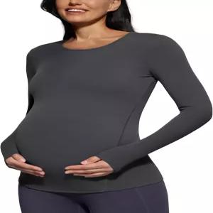 포스디바 여성 임산부 긴팔 티셔츠 스쿱 넥 임신 티 탑 마마 의류