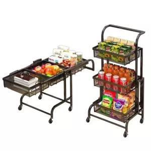이동식 카트 접이식 다용도 3단 철제 드레싱카 웨건 주방 블랙 선반 평행 트