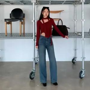 여자 H라인 넓은 그런지 워싱 진 팬츠