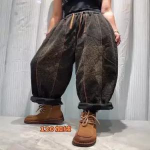 여성 바지 빈티지 캐주얼 기모 배기 슬림핏 허리 스트링 보온 스크래치 프린트 청바지 OP1