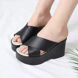 웨지힐 여자 통굽 슬리퍼 가죽 스트랩 미용실 교사 여성슬리퍼 여름슬리퍼