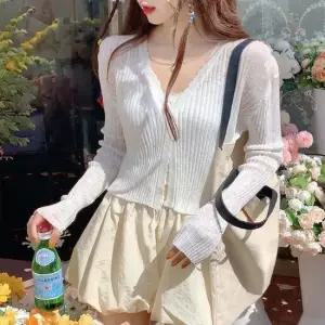 여자 시스루 얇은 소재 여리 스타일 신축성 좋은 브이넥 가디건