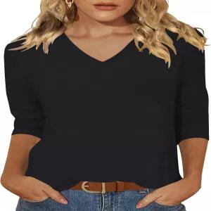 쉐로사 여성 V넥 3/4 소매 T 셔츠 루즈핏 캐주얼 솔리드 베이직 탑 티 블라우스