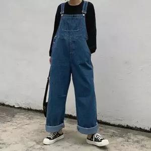 진청멜빵바지 데일리 여성 와이드 데님 오버롤 팬츠