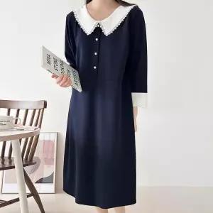 [옷자락]여자 레이스 카라넥 배색 팔부 진주버튼 빅 롱원피스