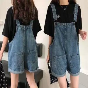 멜빵 점프수트 오버롤 데님 반바지 여자 롤업 청 멜빵차머