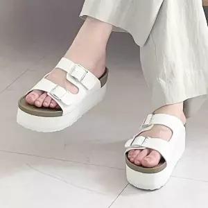 |KCS7F26|여성용 비건 가죽 버클 통굽 샌들 슈즈