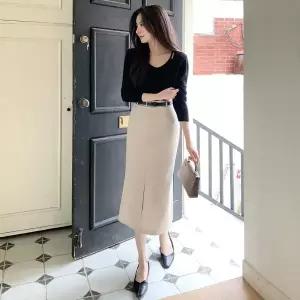 |KHA8623|여성 스판 미디 스커트 벨트 포인트 앞트임
