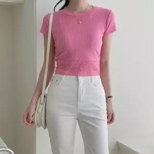 여자 라운드넥 골지 슬림핏 밑단 레이스 반팔T