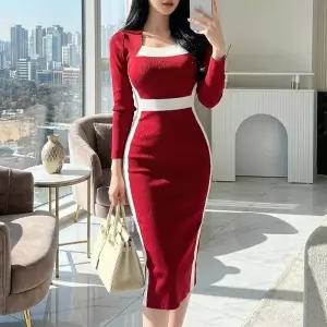 여자 스퀘어넥 골지 니트 바디라인 롱원피스