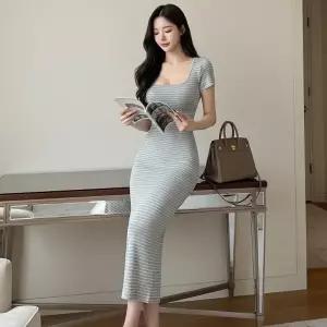 [다잇템] 여자 인어공주 스웨터 스퀘어넥 줄무늬 롱원피스