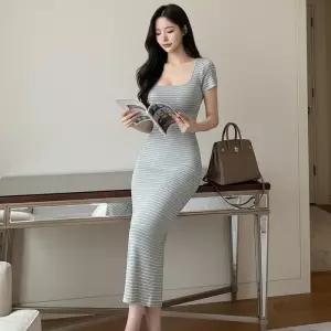 [옷자락]여자 스퀘어넥 단가라 니트 머메이드 롱원피스