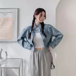 |CSJ6E75|여성 봄철 크롭 연청 하이넥 버튼 청자켓