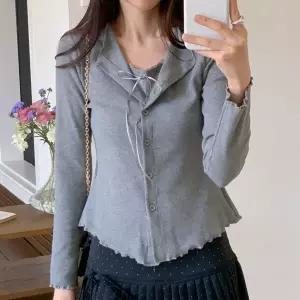 |CSJ6E6C|여성 리본 레이스 슬리브리스 날라리 골지 슬림 가디건