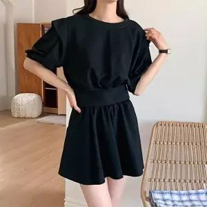 [옷자락]여자 라운드넥 핀턱소매 무지 맨투맨 플레어 4부 팬츠