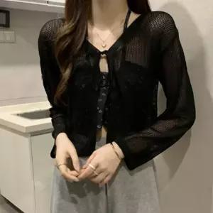 롱가디건여성 여자 20대 봄 여름 숏 망사 시스루 검정 끈 가디건