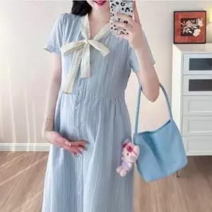 여성 여름 하객룩 임부복 롱원피스 반팔 원피스