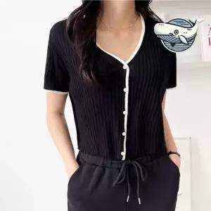 (색상-사이즈 블랙-F(66까지))여성 브이넥 가디건 투톤 배색라인 여름 비치로브 용 가디건 볼레로 니트 카