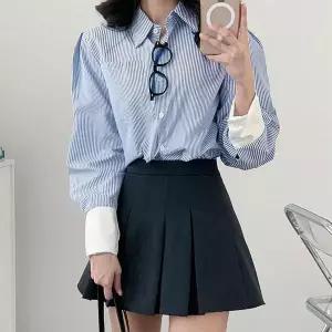 [하프클럽/옷자락]여자 카라넥 소매배색 단가라 긴팔 프리 셔츠