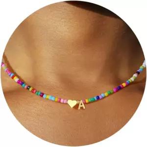 여성 소녀를 위한 투란도스 컬러풀 비즈 초기 목걸이 14K-금도금 하트 레터 A-Z 펜던트 귀여운 여름 주얼리