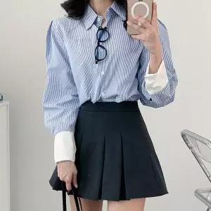 여자 줄무늬 카라넥 소매배색 프리 롱슬리브 셔츠