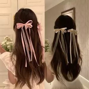 홍대온니 발레코어 롱리본 미니집게핀 2개세트 레이스 헤어집게핀 반묶음 땋은머리 롱테일 헤어핀 옆머리핀