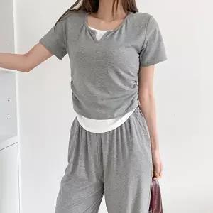 [옷자락]여자 면폴리 브이넥 반팔 상의 와이드팬츠 투피스
