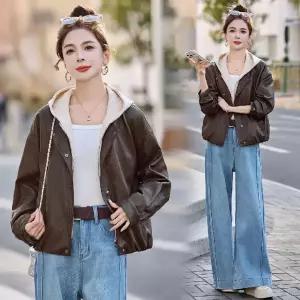 세군다 여자 야구 점퍼 잠바 페이크 투피스 후드 PU가죽 코트 숏 가을 캐주얼 DOS3