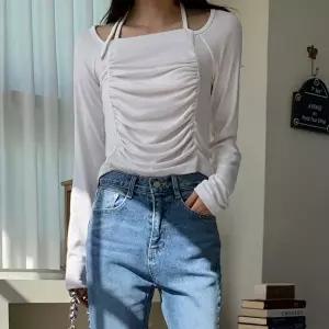 [옷자락]여자 홀터넥 오프숄더 셔링 슬림 티셔츠