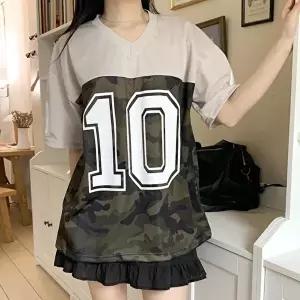 [옷자락]여자 브이넥 매쉬 오버핏 카모 반팔 티셔츠