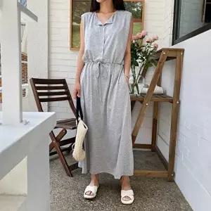 [옷자락]여자 라운드넥 하프또또 버튼 허리 셔링 스트랩 민소매 롱원피스