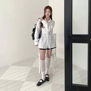 [옷자락]여자 폴리 세로 스트라이프 오버핏 롱 카라 셔츠