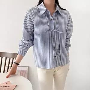 [옷자락]여자 스트라이프 핀턱 카라넥 리본 봄남방 면 셔츠