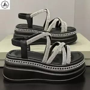 [애슬릿] 플랫폼 샌들 큐빅 밴딩 크로스 라인 키높이 통굽 7cm