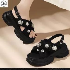 [애슬릿] 큐빅 샌들 크로스 뒷밴딩 플랫폼 키높이 바캉스 6cm