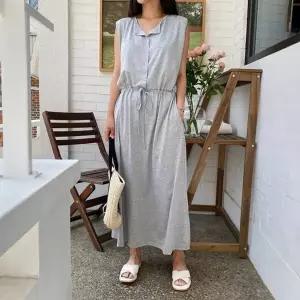 [옷자락]여자 라운드넥 하프또또 버튼 허리 셔링 스트랩 민소매 롱원피스