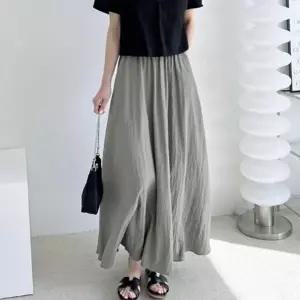 여성 카키색 주름 플레어 롱스커트 봄 여름 휴양지 0409