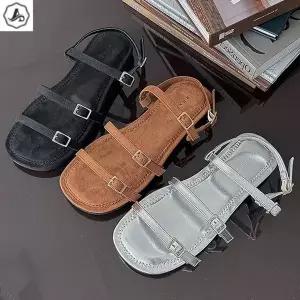 [애슬릿] 플랫 샌들 발편한 밴딩 버클 메탈릭 실버 여름 휴양지