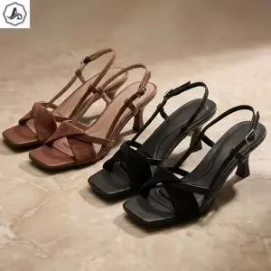 [애슬릿] 가죽 샌들 힐 꼬임 뒷밴딩 버클 키높이 구두 여름 6cm