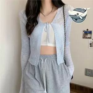 여름 니트가디건 리본 매듭 여신 가벼운 여성 숄 가디건 볼레로 크롭 루즈핏 니트 그물 여름