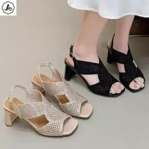 [애슬릿] 가죽 샌들 메쉬 뒷밴딩 스트랩 글리터 키높이 통굽 6cm