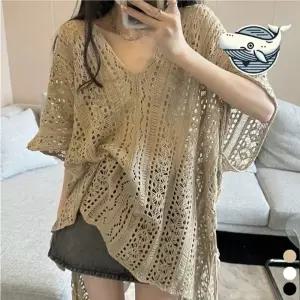 여름 루즈핏 브이넥 니트 시원한 그물 패턴 탑 그물 가오리핏 여름 여성 니트 상의 펀칭