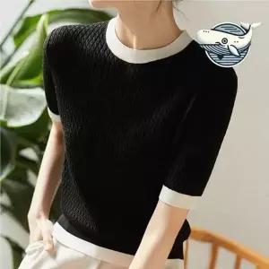 ( )스타일리시 여름 라운드 니트 블랙 여성 여름 여름 라운드 여성 니트 썸머 꽈배기 티 여자 반팔