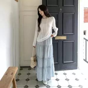 [하프클럽/]여자 SS 격자 고무줄 티어드 롱스커트