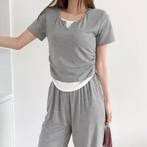 여자 면폴리 브이넥 반팔 상의 와이드팬츠 투피스