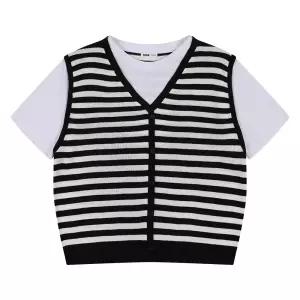 소이 주니어 여름옷 여자 스트라이프 니트 레이어드 조끼티 여아 댄디한 반팔티 6M5081