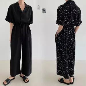 [하프클럽/]여름 반팔 카라 와이드 점프수트 도트 블랙 롱 원피스형 R891