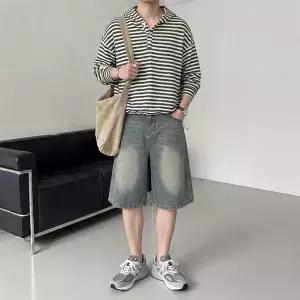 헨리넥 후드 니트 버뮤다 데님 반바지 세트